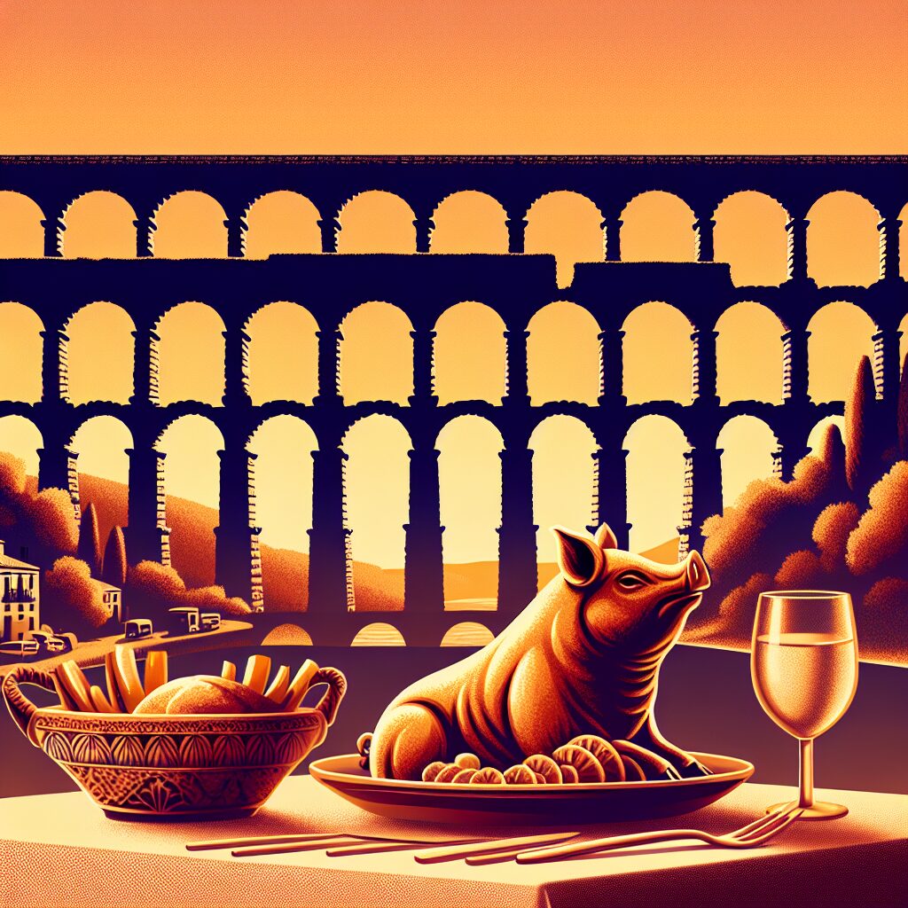 El Acueducto de Segovia al atardecer con una mesa tradicional frente a él donde se exhibe un cochinillo asado estiliz…
