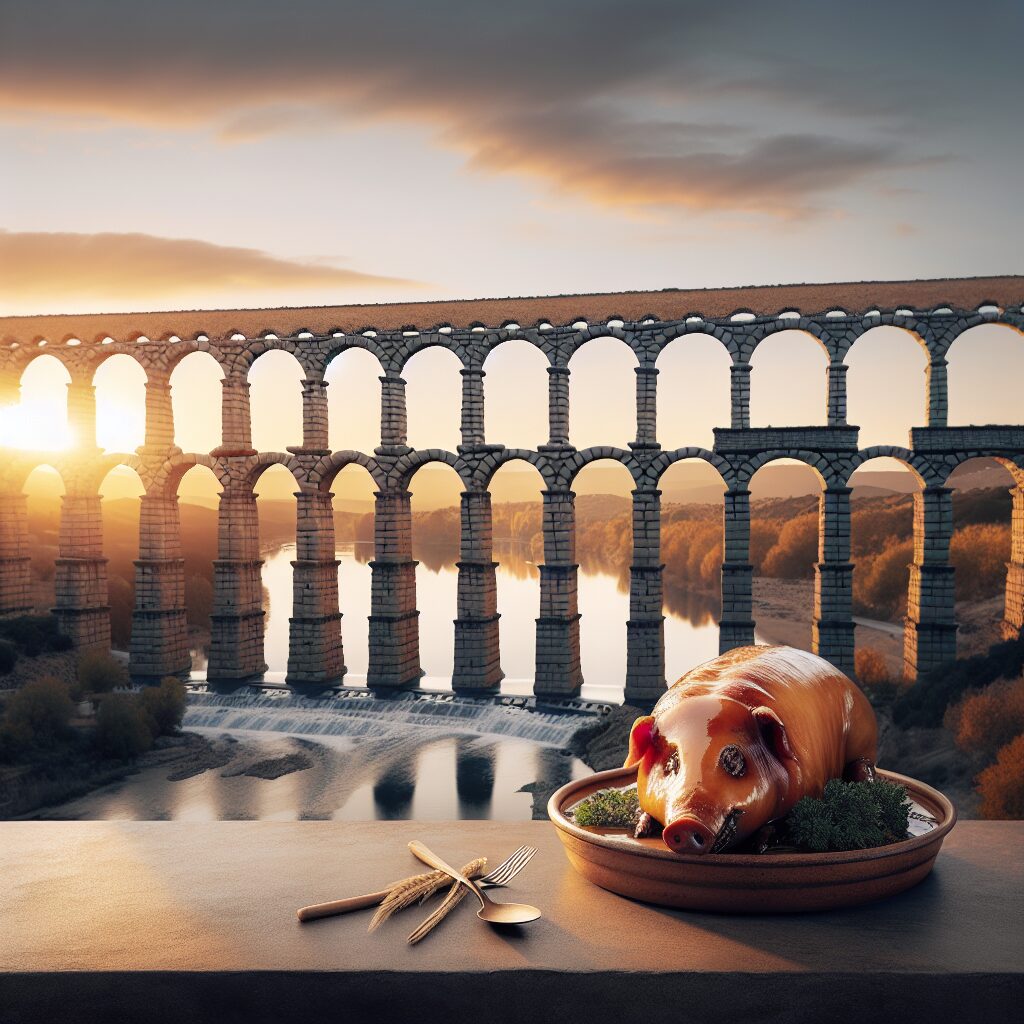 El Acueducto de Segovia al atardecer con luces cálidas y, en primer plano, un plato estilizado de cochinillo asado so…