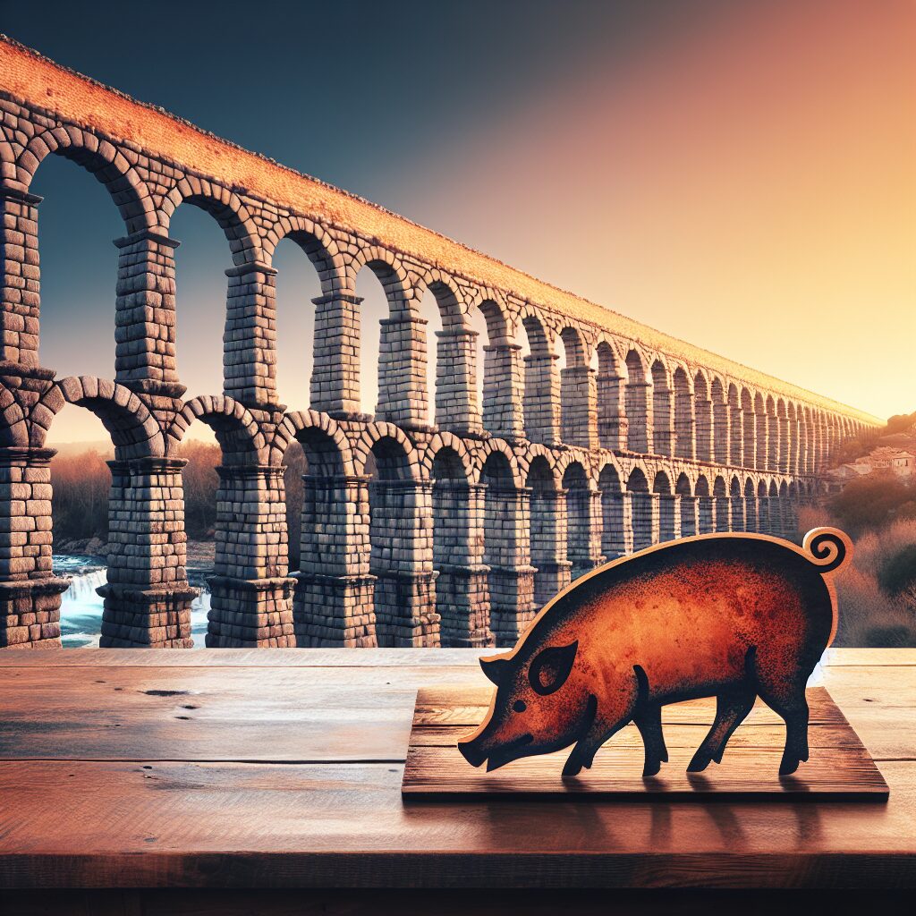 El Acueducto de Segovia al atardecer con una mesa rústica en primer plano que muestra un cochinillo asado estilizado …