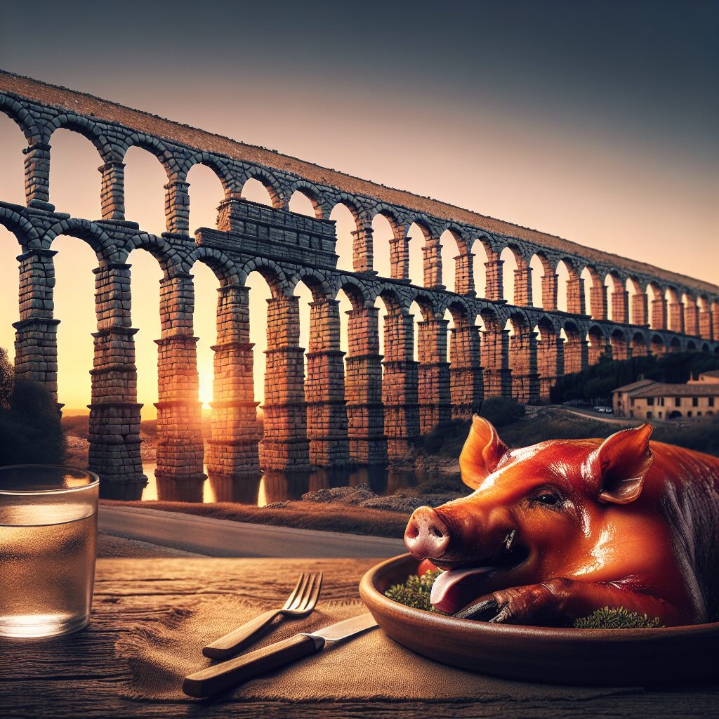 Vista del Acueducto de Segovia al atardecer en edición digital, con un plato estilizado de cochinillo asado en primer…