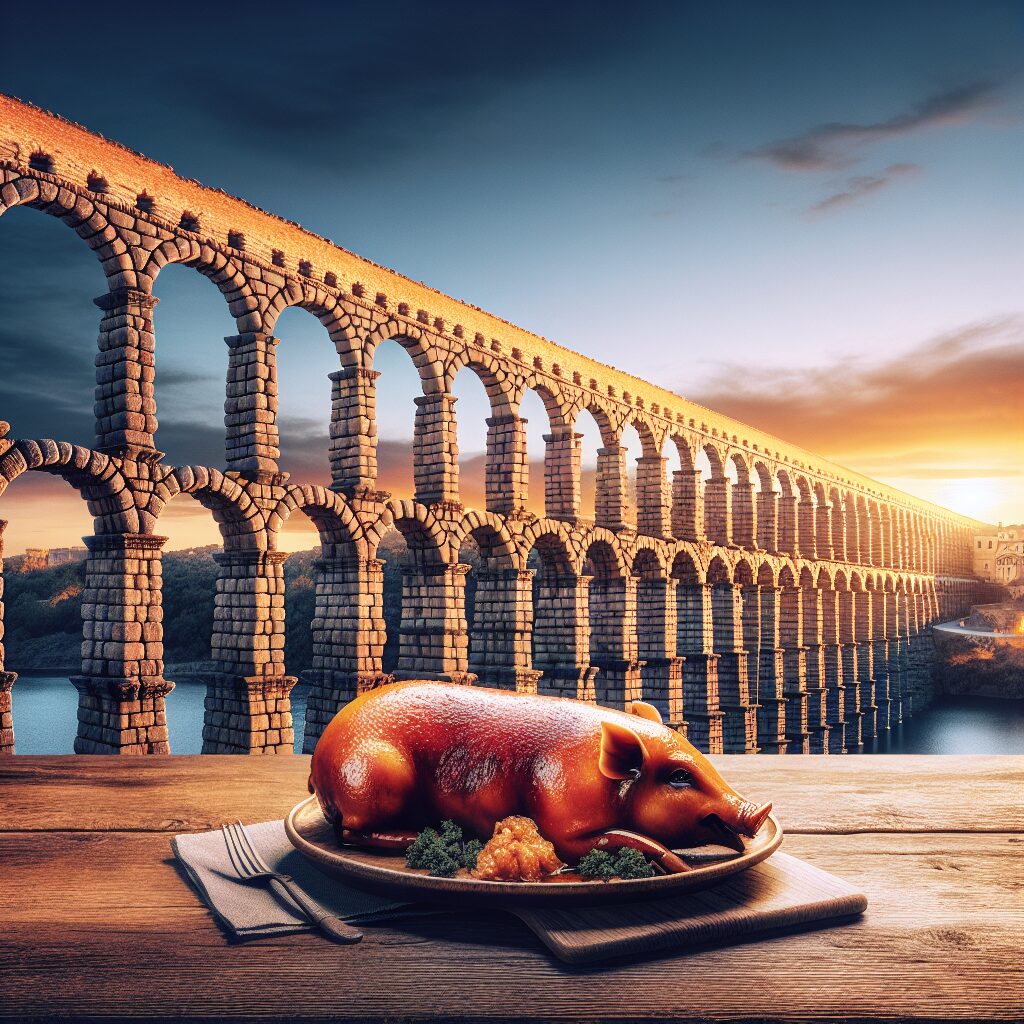 El Acueducto de Segovia iluminado al atardecer con un plato de cochinillo asado estilizado en primer plano sobre una …