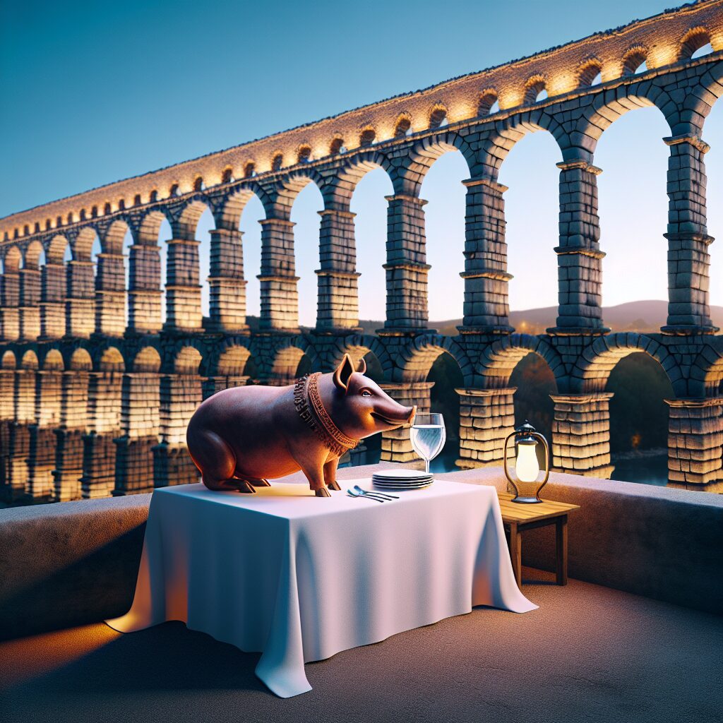 El Acueducto de Segovia iluminado al atardecer con una mesa tradicional junto a sus arcos y un cochinillo asado estil…