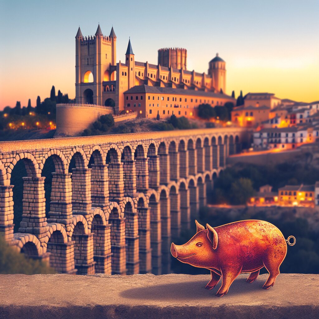Vista estilizada del Acueducto de Segovia al atardecer con el Alcázar difuminado al fondo y un cochinillo asado ilust…