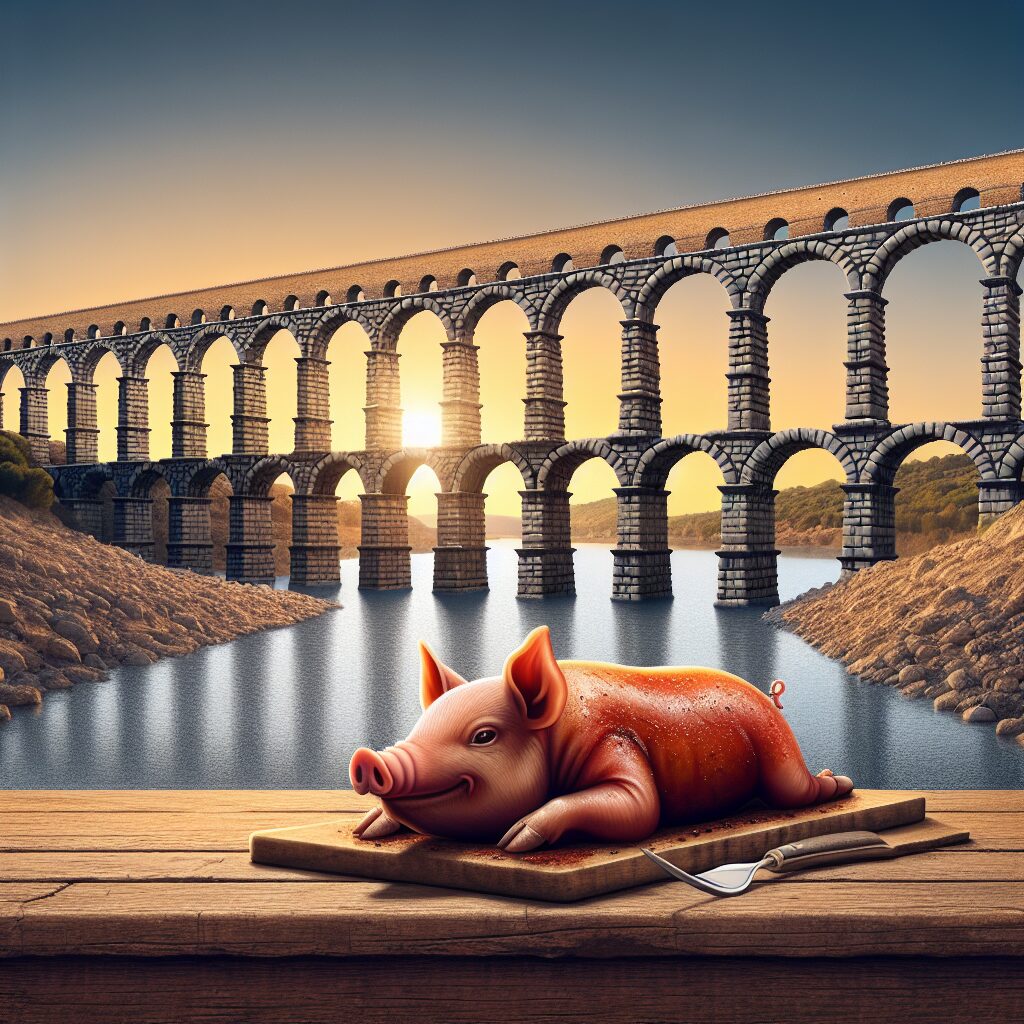 Ilustración digital del Acueducto de Segovia al atardecer con un cochinillo asado estilizado en primer plano sobre un…