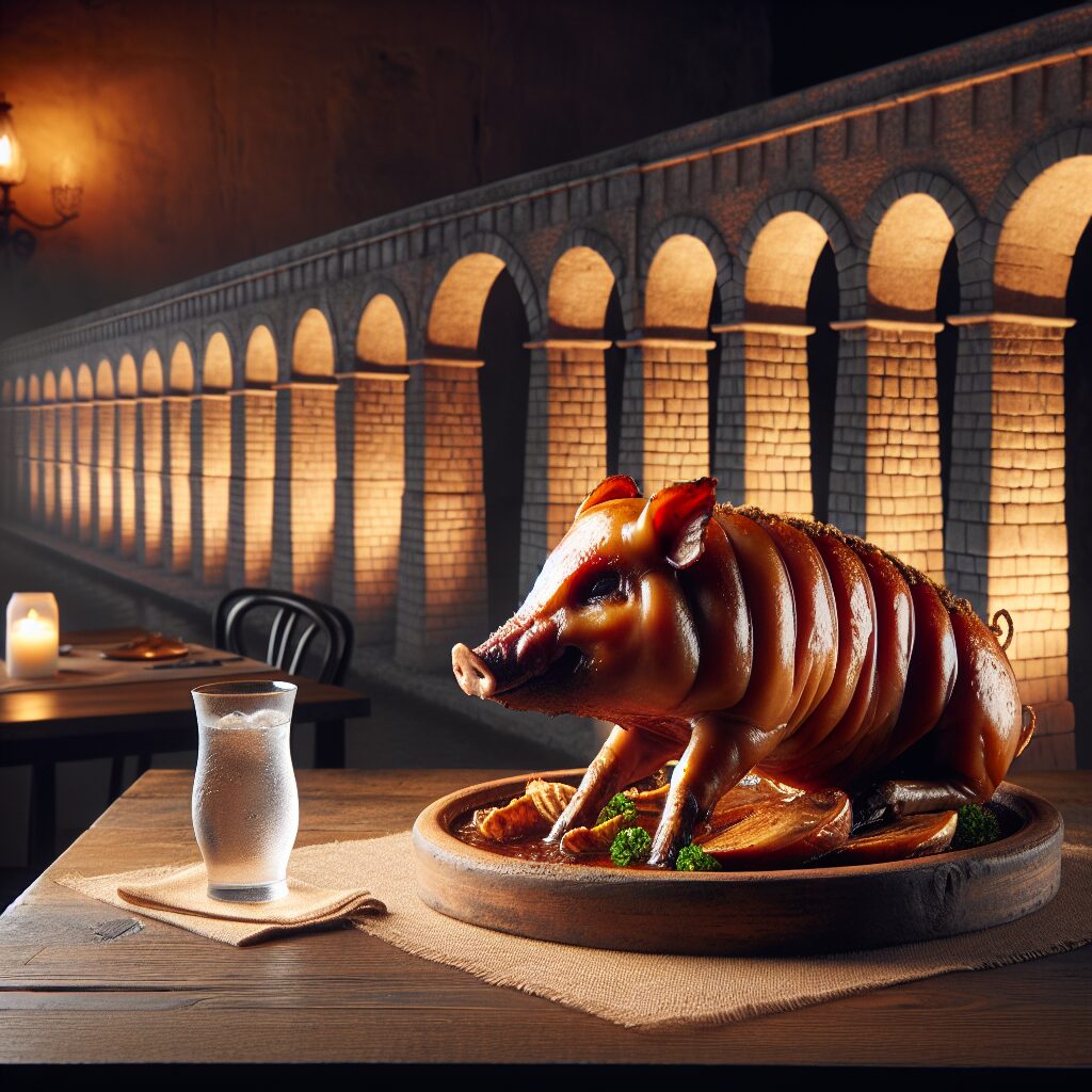 Un cochinillo asado servido en una fuente de cerámica rústica sobre una mesa de madera, con un Acueducto estilizado y…