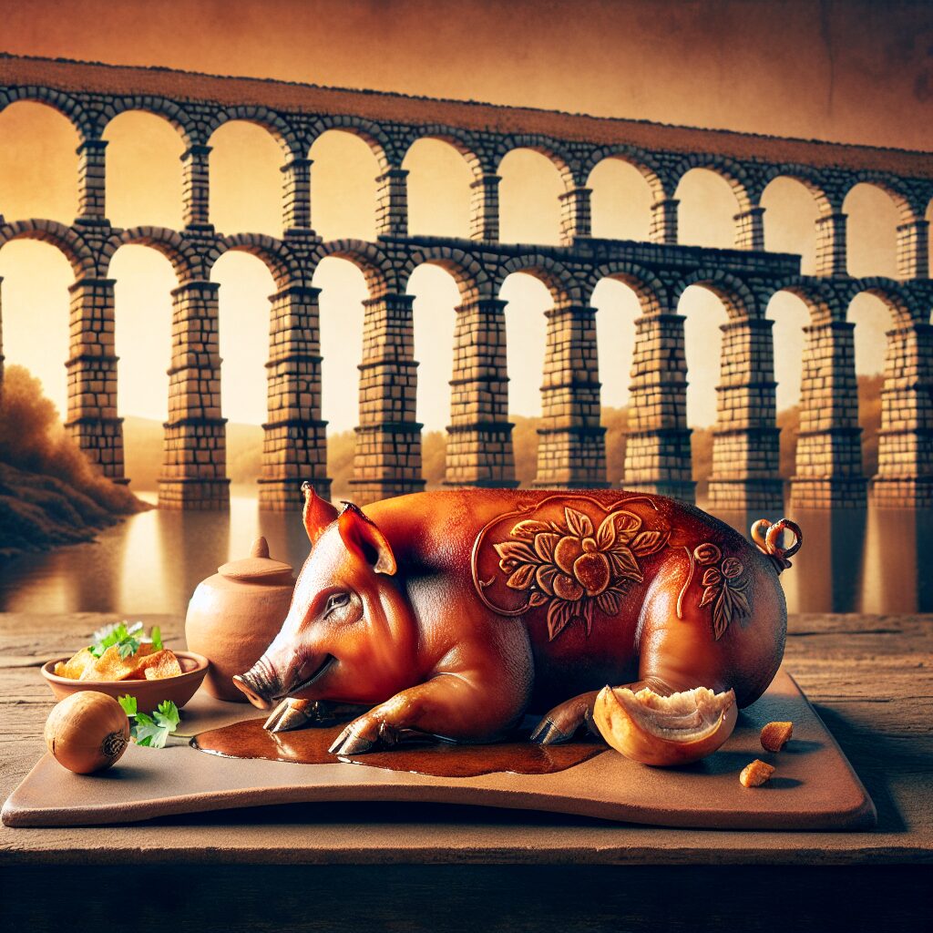 Cochinillo asado servido en una bandeja de cerámica sobre una mesa rústica, con al fondo una silueta estilizada y ele…
