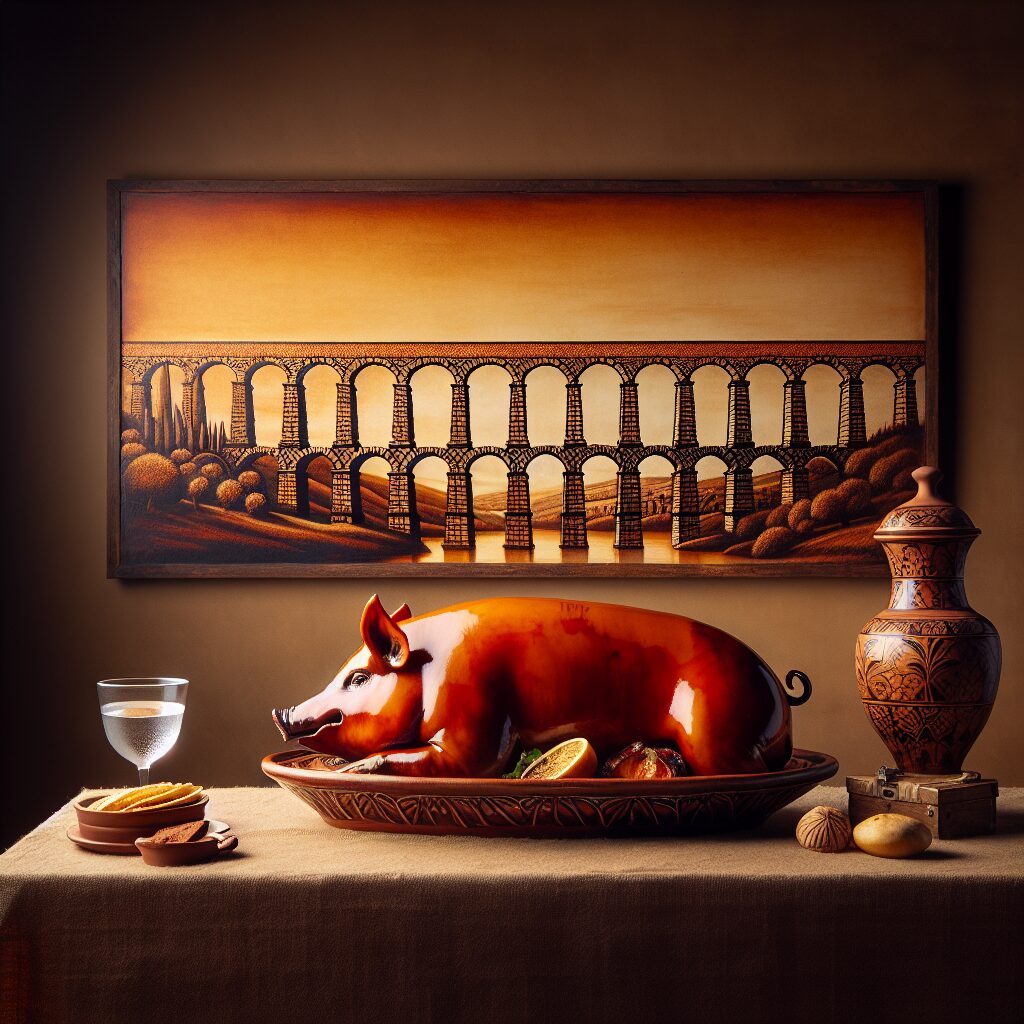 Un cochinillo asado entero servido en una fuente de cerámica tradicional sobre una mesa rústica, con al fondo una rep…