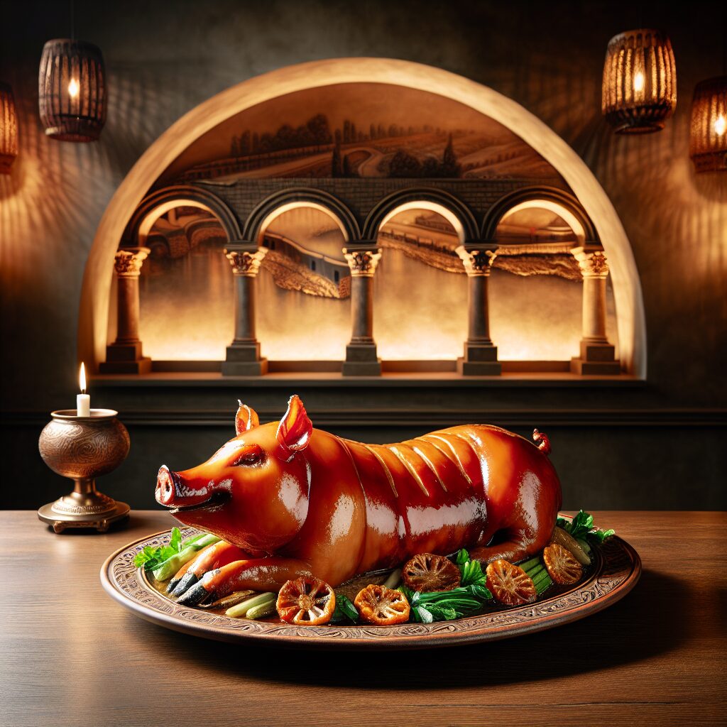 Un cochinillo asado brillante servido en un plato tradicional sobre una mesa de madera, con un fondo elegante que sug…