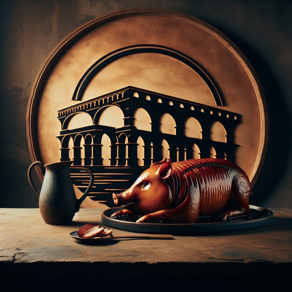 Un cochinillo asado servido en una fuente de cerámica sobre una mesa rústica, con el perfil estilizado de un acueduct…