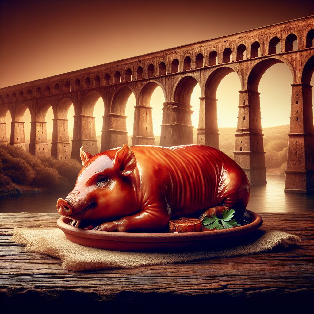 Un cochinillo asado entero servido en una fuente de barro sobre una mesa de madera rústica, con al fondo un acueducto…