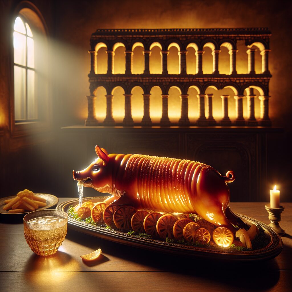 Cochinillo asado dorado servido en una bandeja tradicional sobre mesa de madera, con el Acueducto estilizado y parcia…