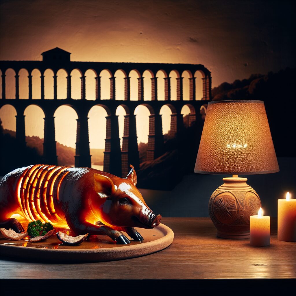 Un cochinillo asado servido en una fuente de cerámica rústica, colocado sobre una mesa de madera en un ambiente caste…