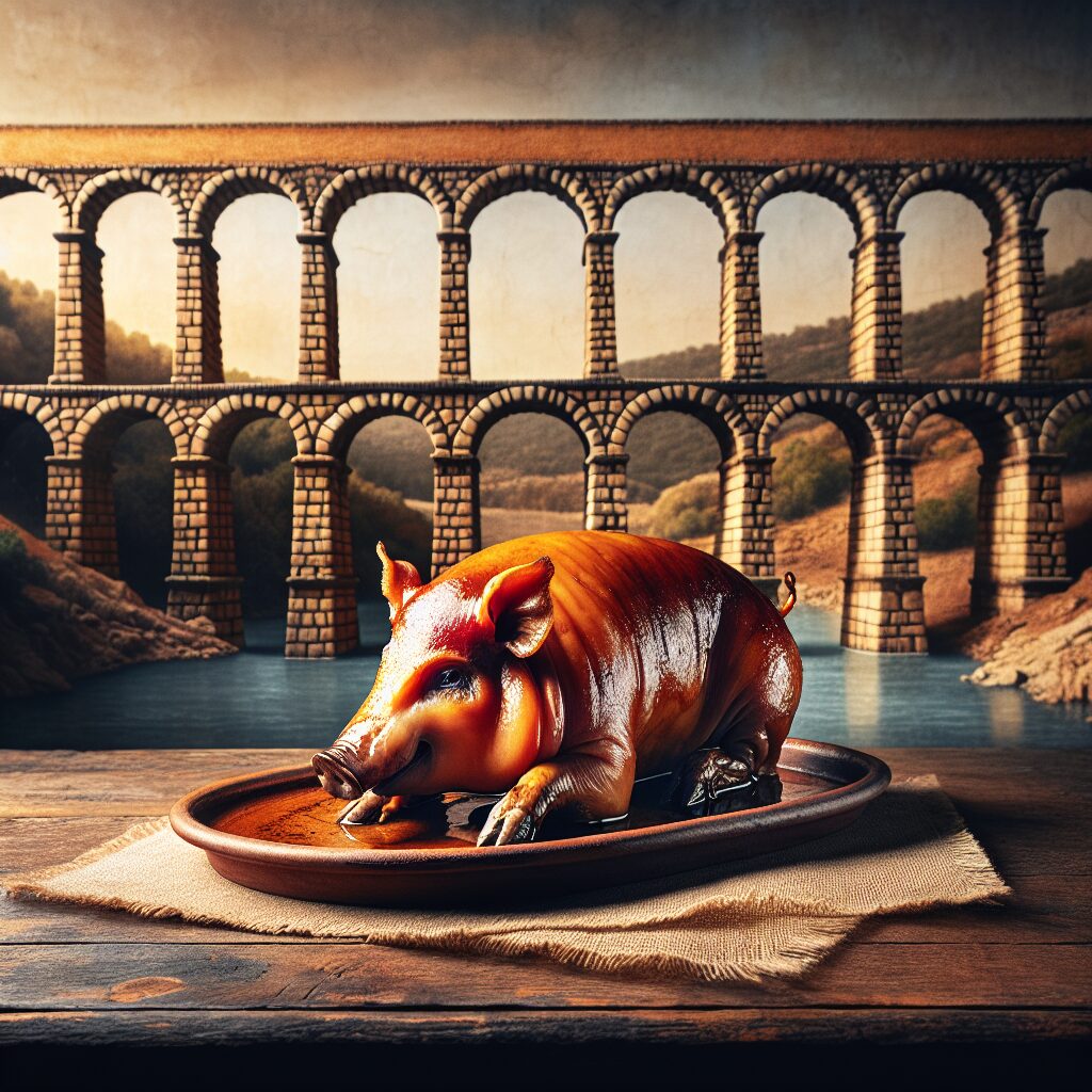 Un plato de cochinillo asado dorado sobre una bandeja de cerámica rústica, en una mesa de madera frente a un acueduct…
