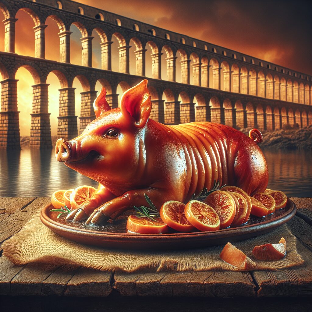 Un cochinillo asado con piel dorada servido en una fuente de cerámica sobre una mesa de madera rústica, con al fondo …