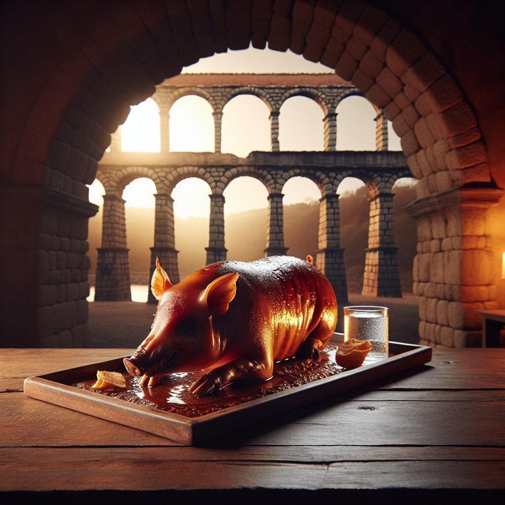 Un cochinillo asado servido en una bandeja de cerámica sobre una mesa de madera rústica, con el perfil estilizado del…