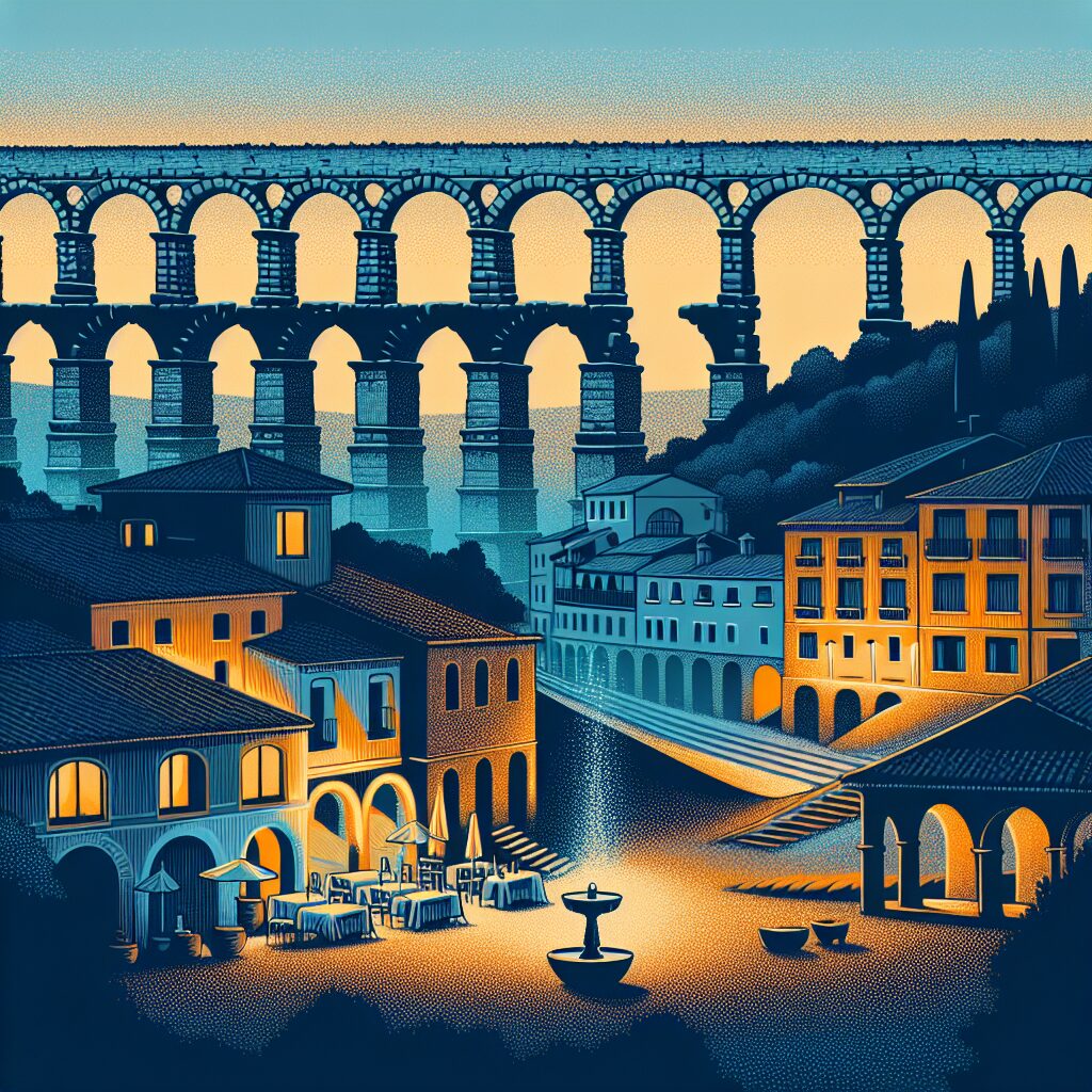 El Acueducto de Segovia al atardecer, con tonos dorados y azules, elementos culturales estilizados (hogar con fuego d…
