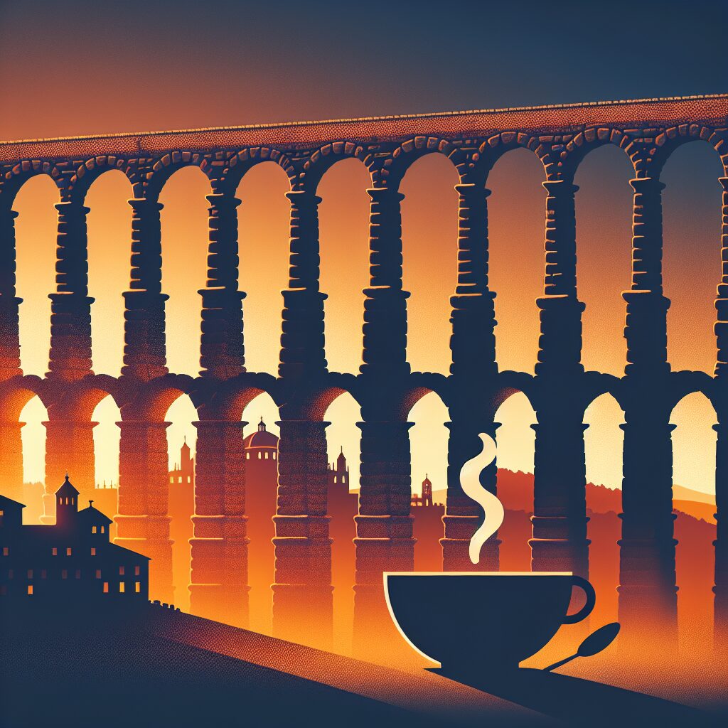 El Acueducto de Segovia al atardecer, con luz cálida sobre sus arcos, elementos culturales estilizados como un plato …