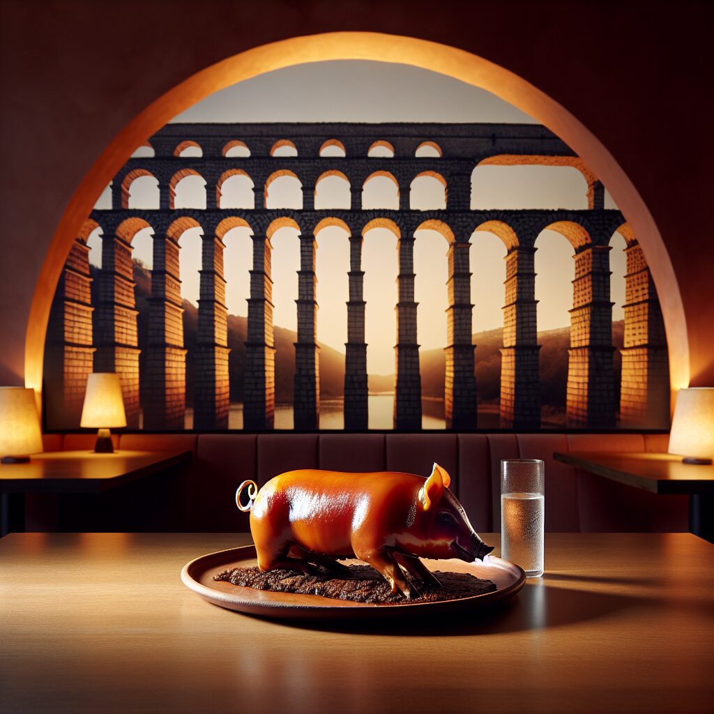Un cochinillo asado servido en una fuente de cerámica sobre una mesa de madera en un ambiente castellano elegante, co…