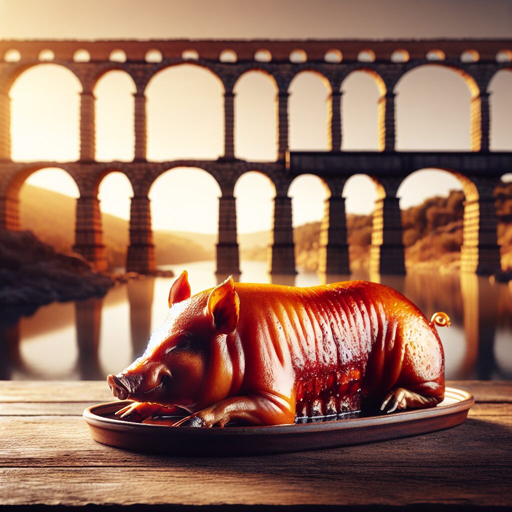 Un cochinillo asado dorado servido sobre una bandeja de cerámica sobre una mesa rústica de madera, con el perfil esti…