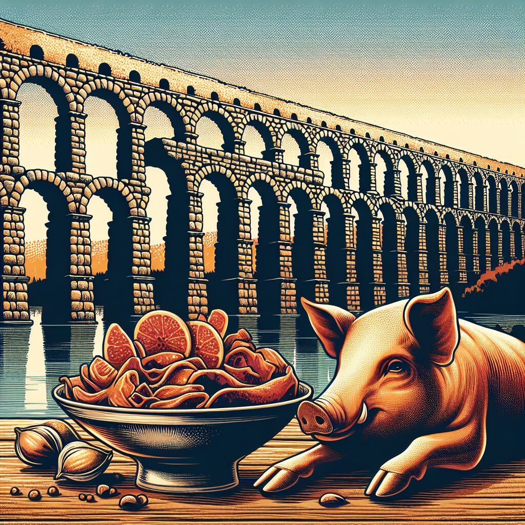 Ilustración digital del Acueducto de Segovia al atardecer con un plato estilizado de cochinillo asado en primer plano…