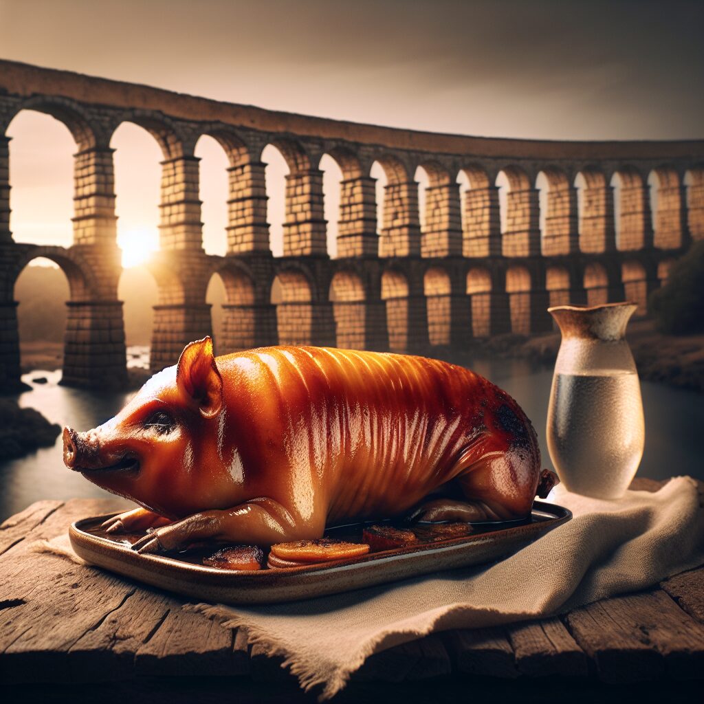 Un cochinillo asado perfectamente dorado servido en una fuente de cerámica sobre una mesa rústica de madera, con el p…