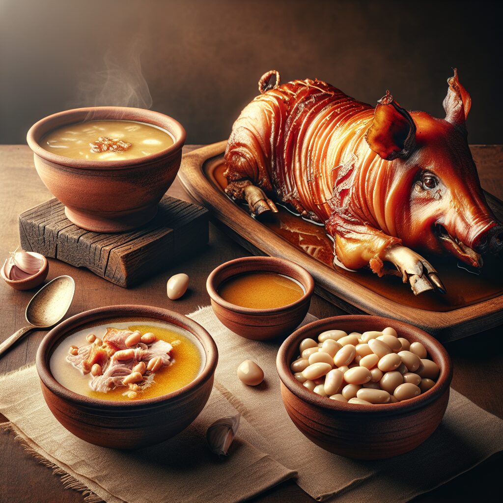 Mesa rústica castellana con platos tradicionales: cochinillo asado con piel crujiente, un cuenco de judiones cremosos…