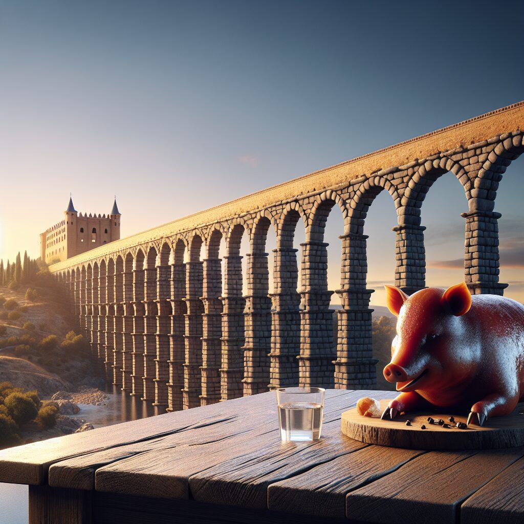 Vista digital del Acueducto de Segovia al atardecer con el Alcázar en segundo plano y un cochinillo asado estilizado …