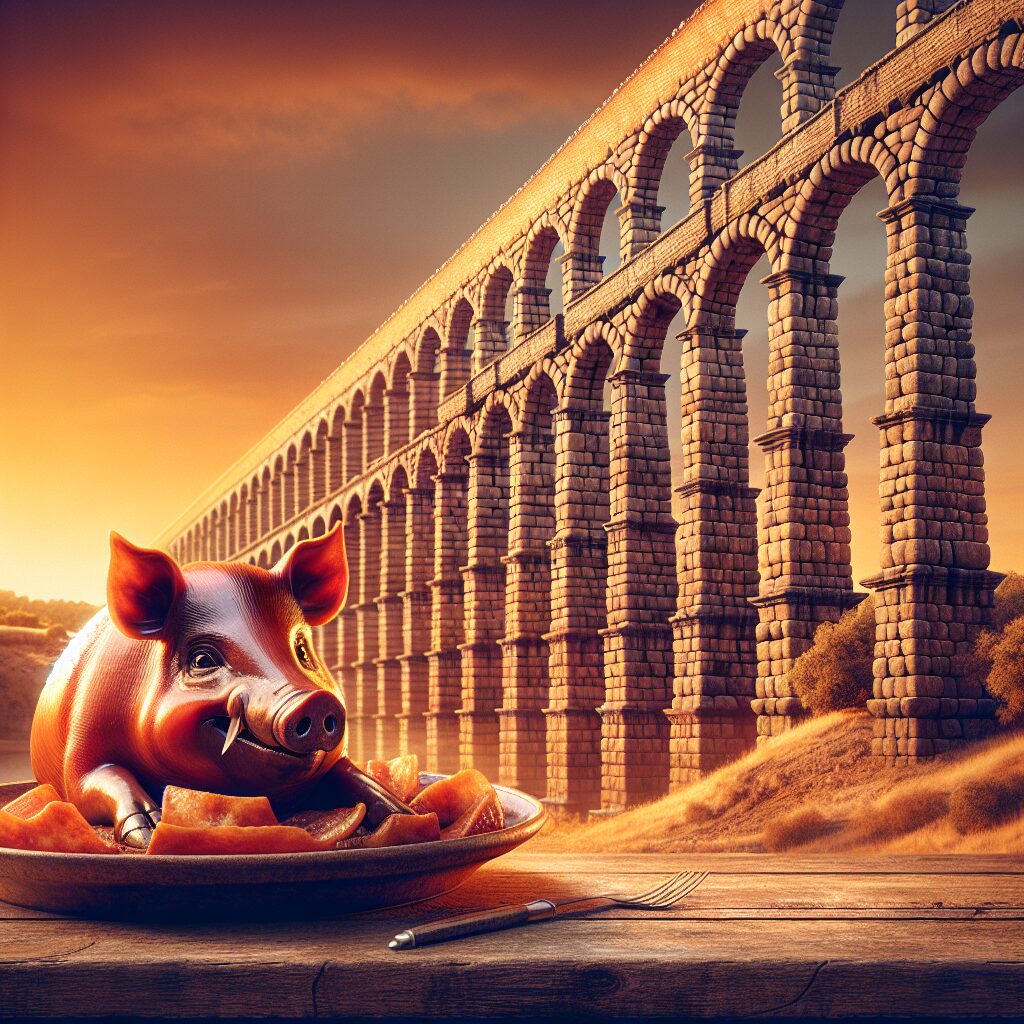 Ilustración digital del Acueducto de Segovia al atardecer con un plato estilizado de cochinillo asado en primer plano…