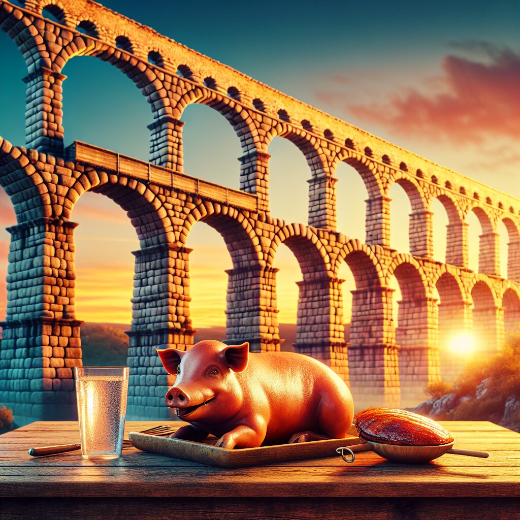 El Acueducto de Segovia al atardecer con una mesa rústica en primer plano que sostiene un cochinillo asado estilizado…