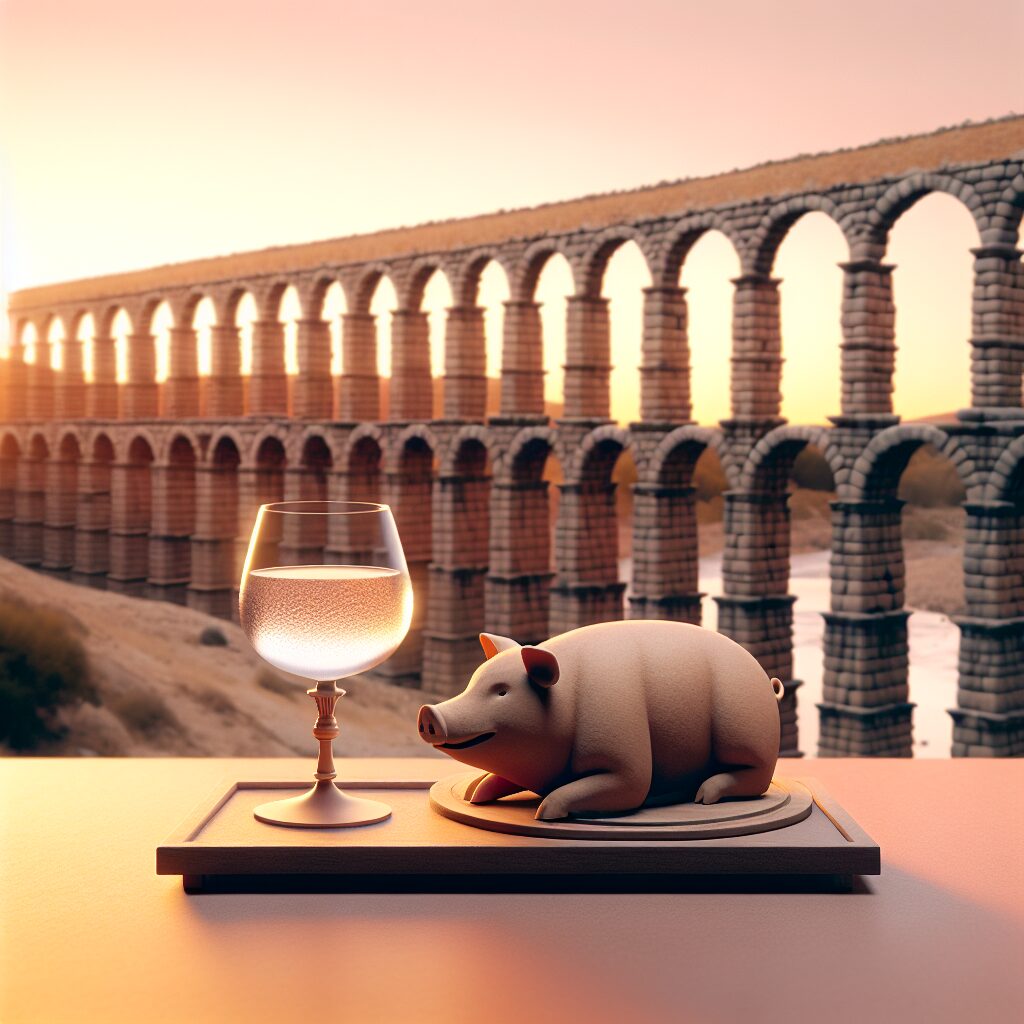 El Acueducto de Segovia al atardecer con una mesa tradicional en primer plano que muestra un cochinillo asado estiliz…
