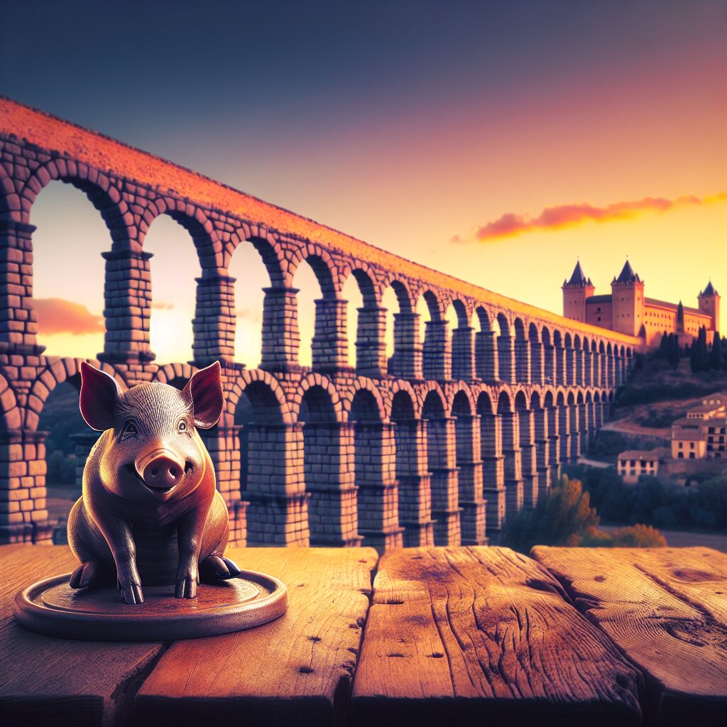 El Acueducto de Segovia al atardecer en un estilo digital, con el Alcázar difuminado en el fondo y un cochinillo asad…