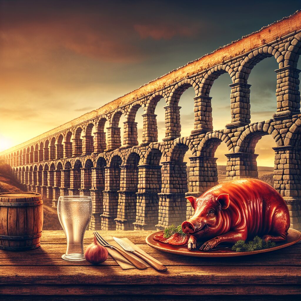 Ilustración digital del Acueducto de Segovia al atardecer, con un plato de cochinillo asado estilizado en primer plan…