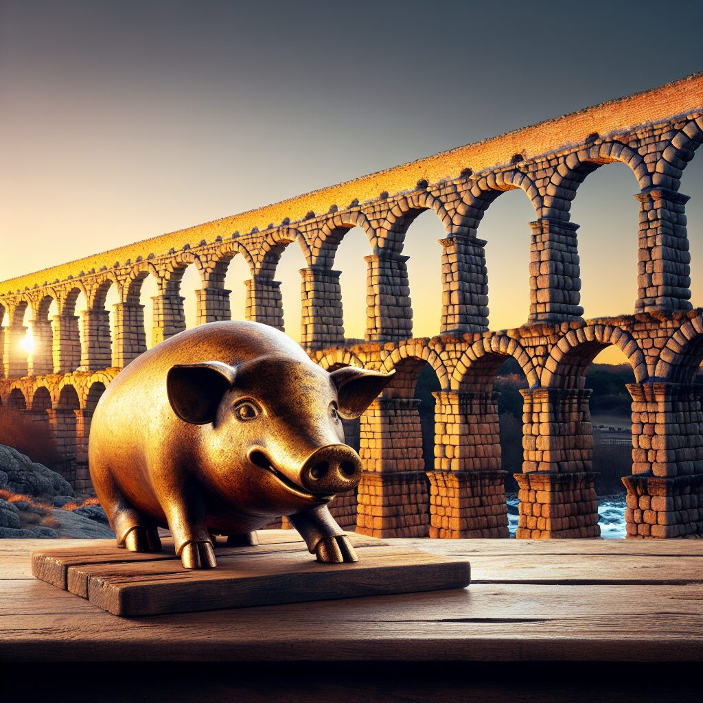 El Acueducto de Segovia al atardecer, con luces cálidas sobre sus arcos, y en primer plano una mesa rústica con un co…