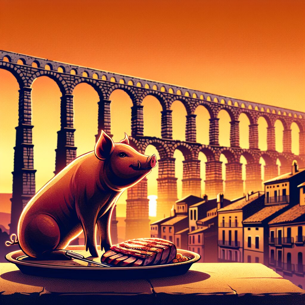 Ilustración digital del Acueducto de Segovia al atardecer con tonos cálidos, y en primer plano una representación est…