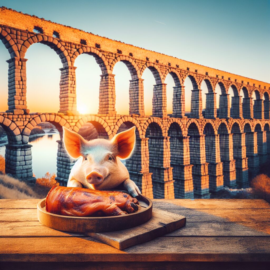 El Acueducto de Segovia al atardecer con luz cálida y un cochinillo asado estilizado en primer plano sobre una mesa r…