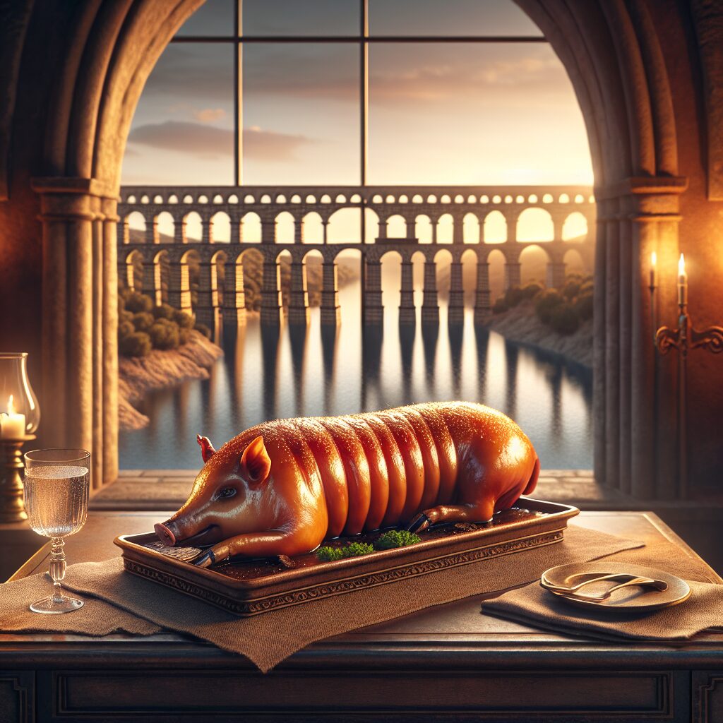 Un cochinillo asado dorado servido en una bandeja de cerámica sobre una mesa rústica en un ambiente castellano elegan…