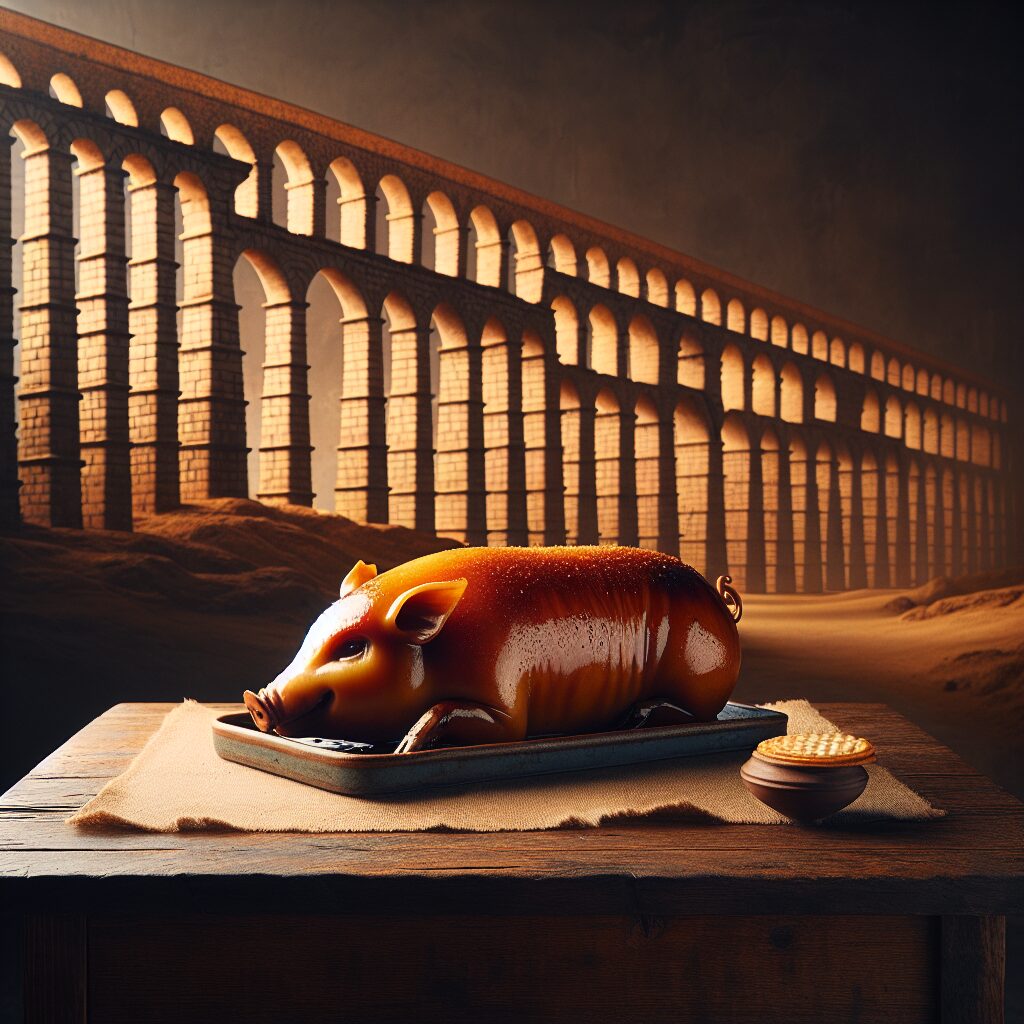 Un cochinillo asado perfectamente dorado servido en una bandeja de cerámica sobre una mesa de madera rústica, con el …