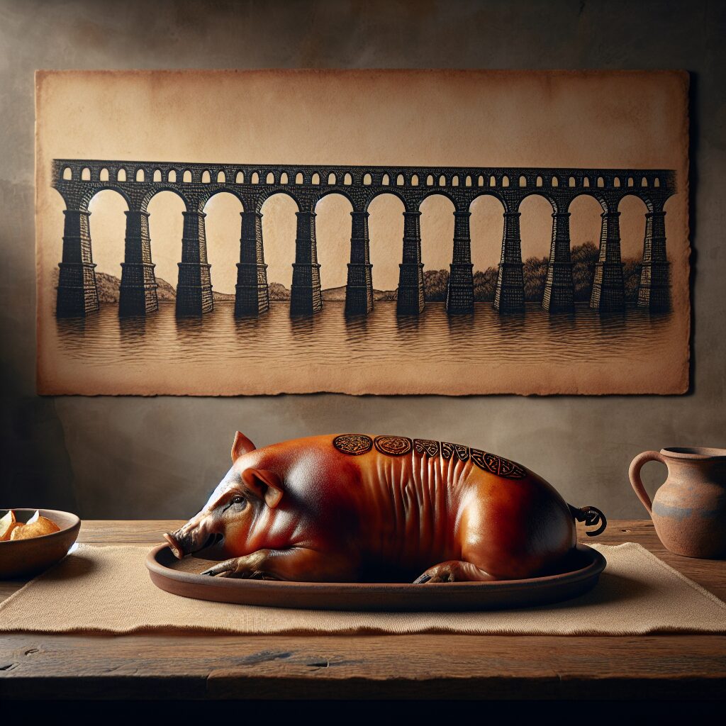Un cochinillo asado sobre una bandeja de cerámica rústica, servido en una mesa de madera envejecida con el perfil est…