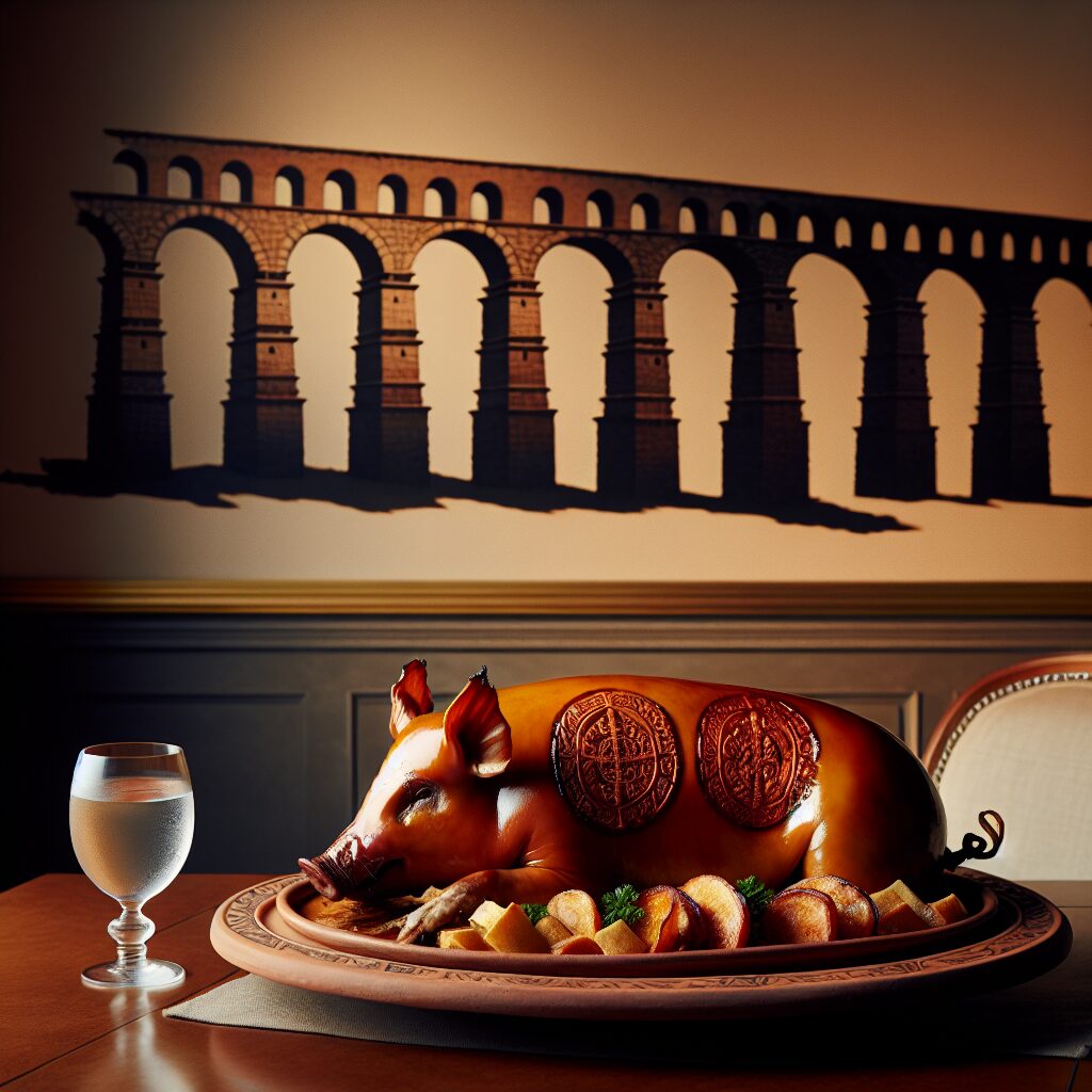 Un cochinillo asado servido en una fuente de cerámica sobre una mesa de madera en un ambiente castellano elegante, co…