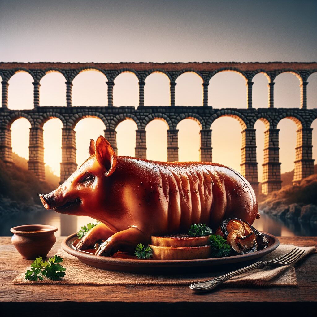 Un cochinillo asado entero servido en una fuente de cerámica sobre una mesa rústica de madera, con el perfil estiliza…