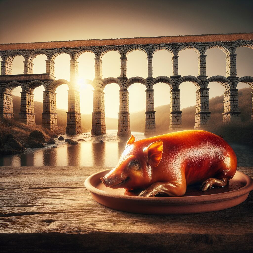 Cochinillo asado dorado presentado sobre una bandeja de barro sobre una mesa rústica de madera, con el perfil estiliz…