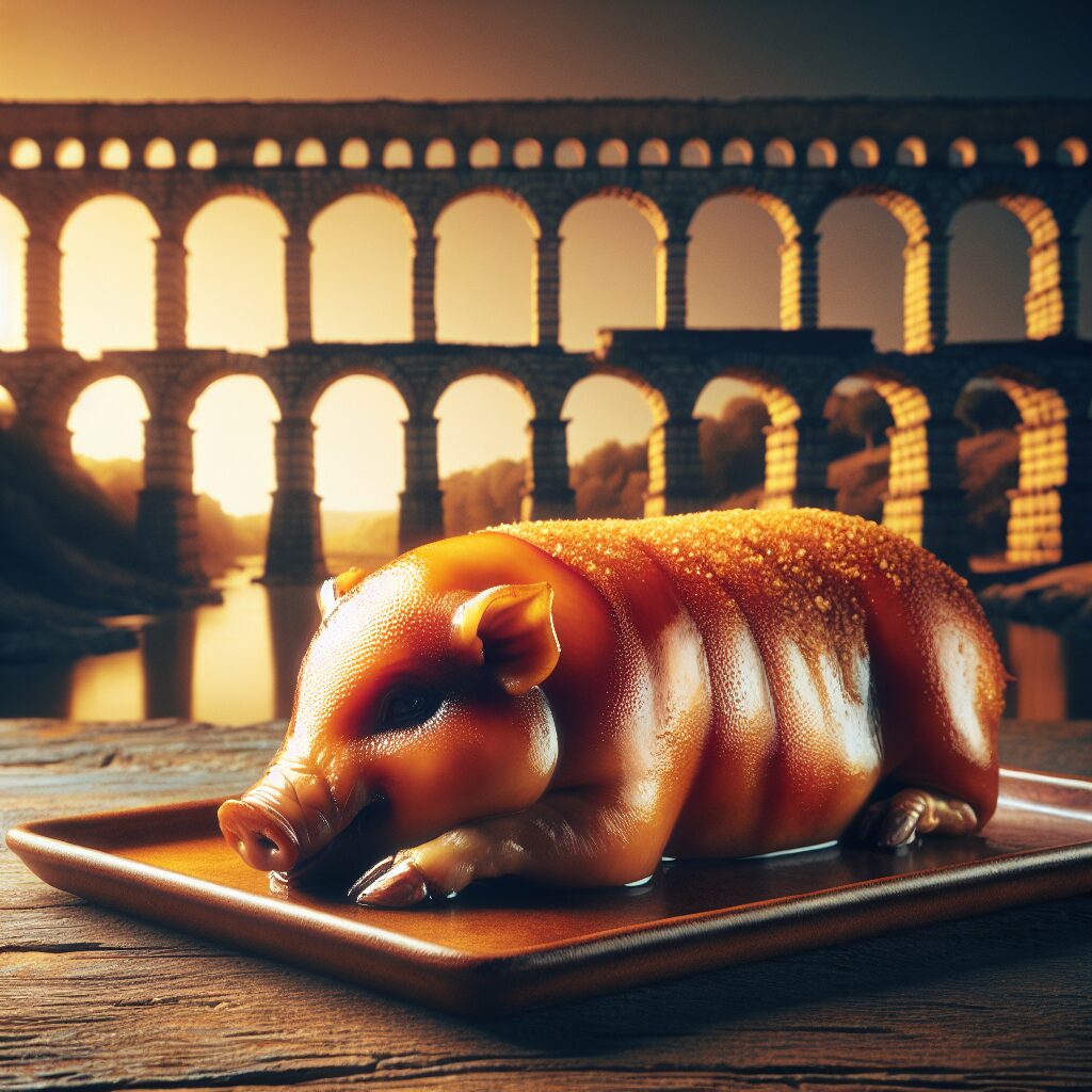 Cochinillo asado dorado presentado en una bandeja de cerámica sobre una mesa de madera rústica, con el perfil estiliz…
