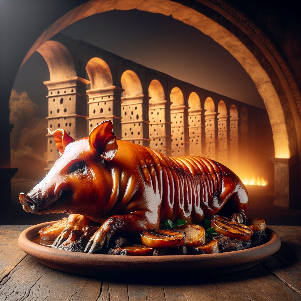 Cochinillo asado servido en fuente de barro sobre una mesa rústica, con un fondo elegante que sugiere un acueducto es…