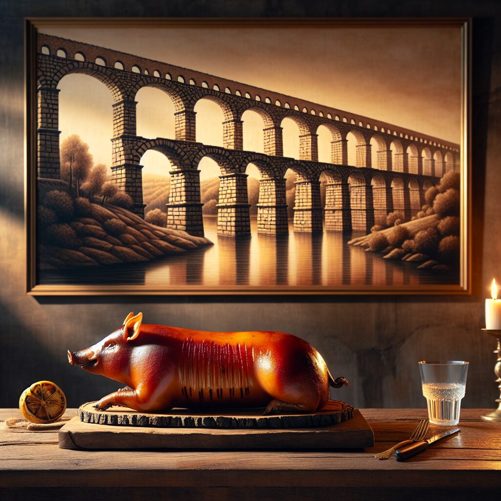 Cochinillo asado dorado servido en una bandeja rústica sobre una mesa de madera frente a una interpretación elegante …