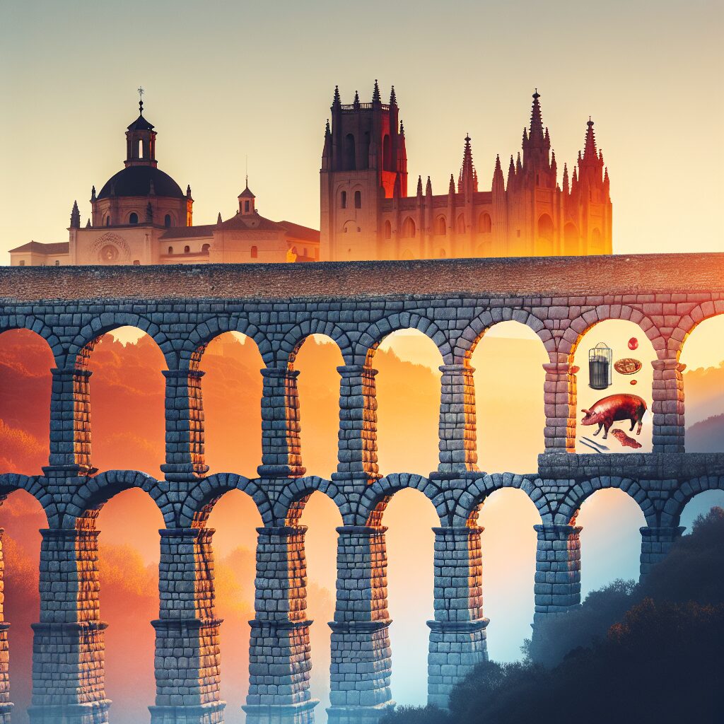 El Acueducto de Segovia al atardecer con iluminación cálida, neblina sutil y texturas de piedra; composición digital …