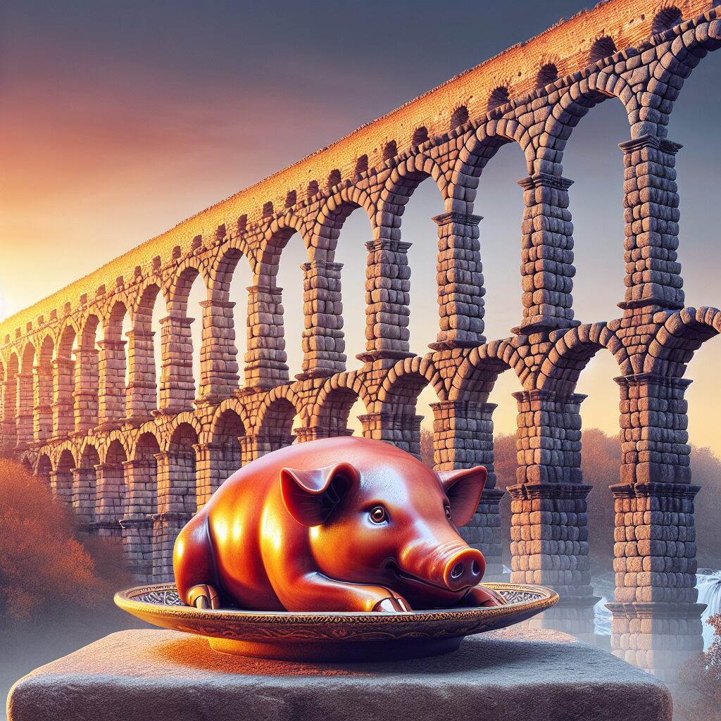 El Acueducto de Segovia al atardecer, con luces cálidas y niebla suave entre arcos, estilo digital moderno. Primer pl…