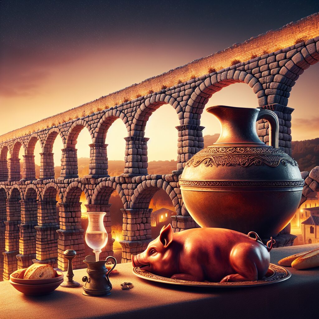 El Acueducto de Segovia al atardecer con luces cálidas, en primer plano una mesa con un plato de cochinillo estilizad…