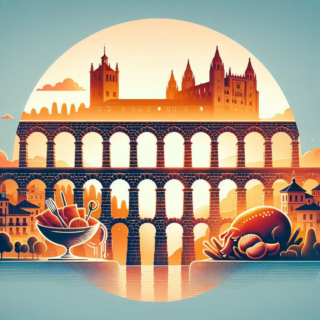 El Acueducto de Segovia al atardecer con luces cálidas, nubes suaves y elementos culturales estilizados (un plato de …