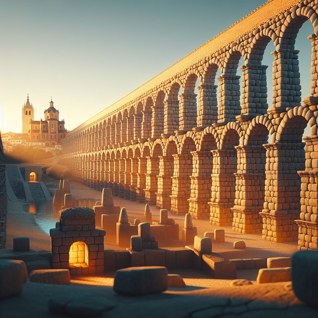 El Acueducto de Segovia al atardecer, con luz dorada y sombras largas, detalles de sillares y marcas de cantero; de f…