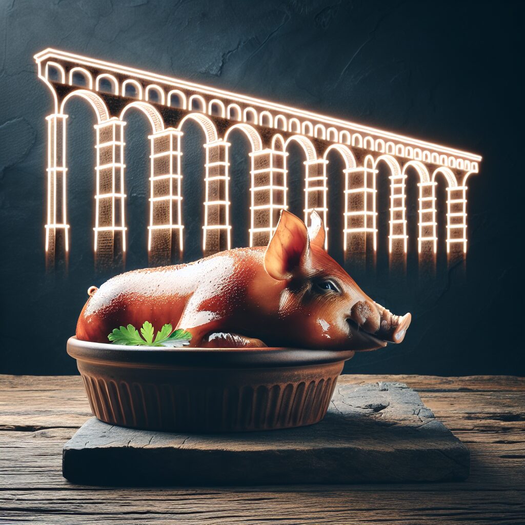 Un cochinillo asado servido en una fuente de cerámica sobre una mesa de madera rústica, con el perfil estilizado de u…